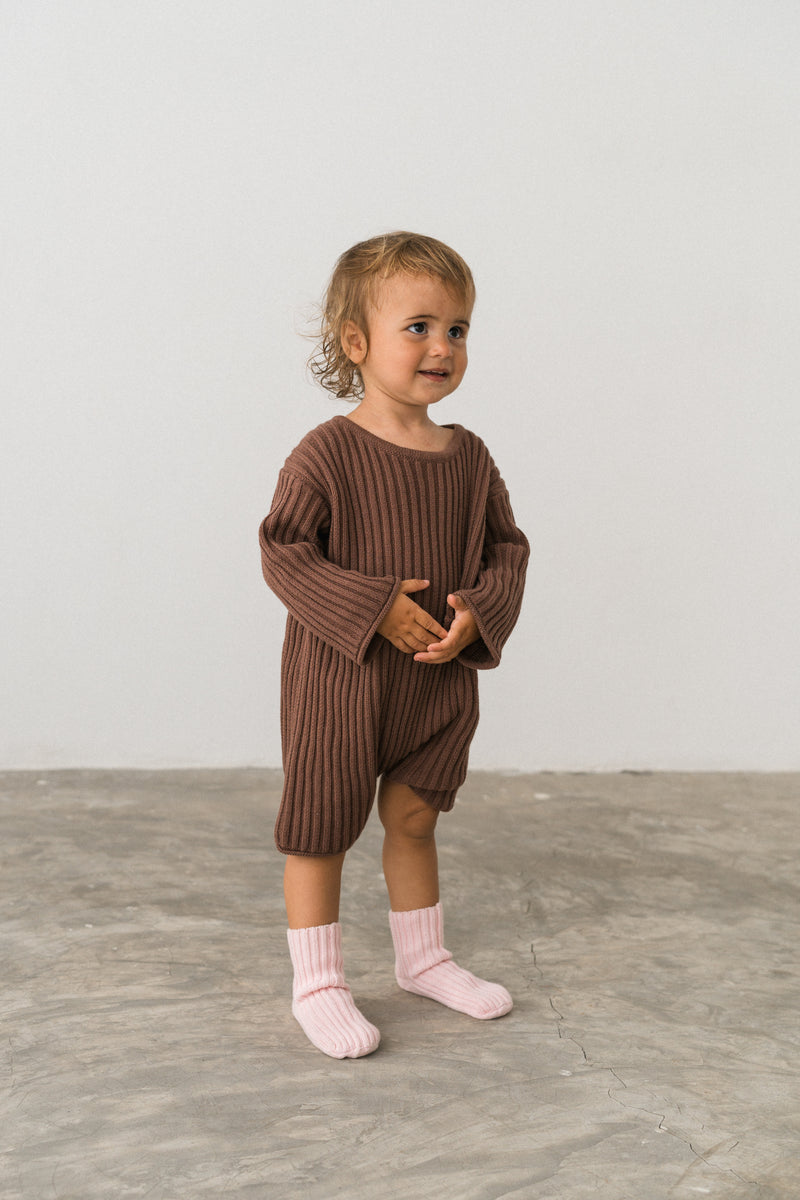 Essential Knit LS Romper - Cocoa - Child Boutique
