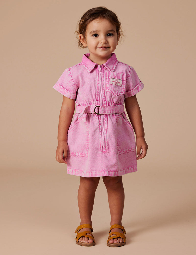 Piper Denim Belted Dress - Bubblegum